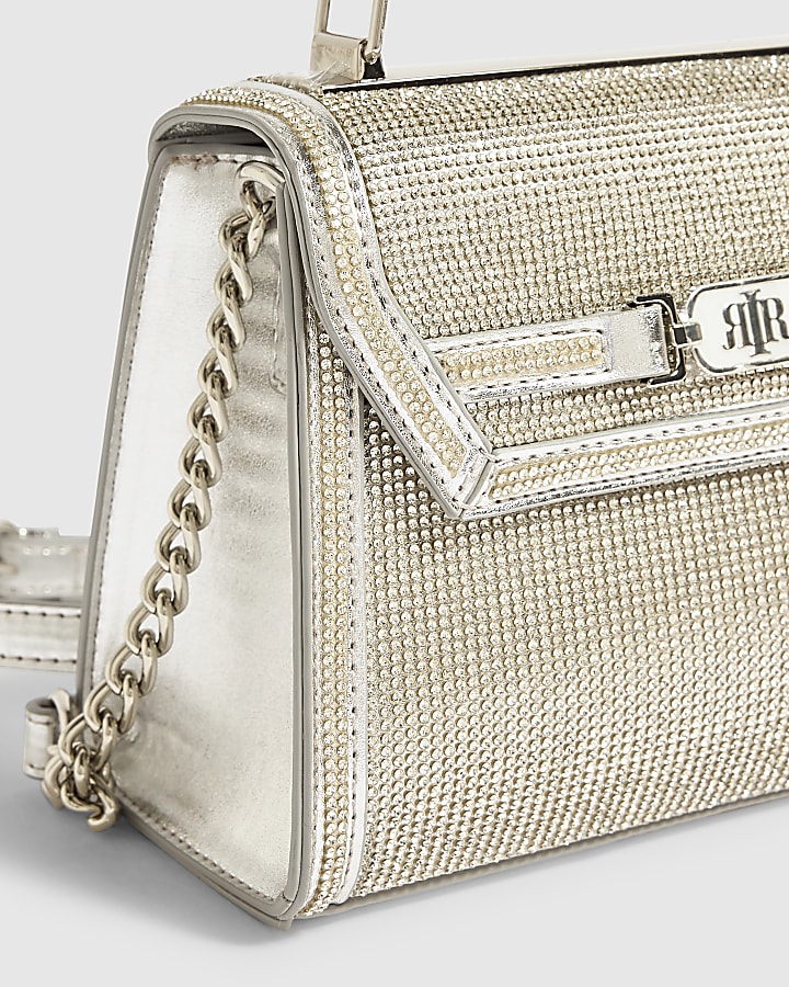 Silver Embellished Mini Tote Crossbody Bag