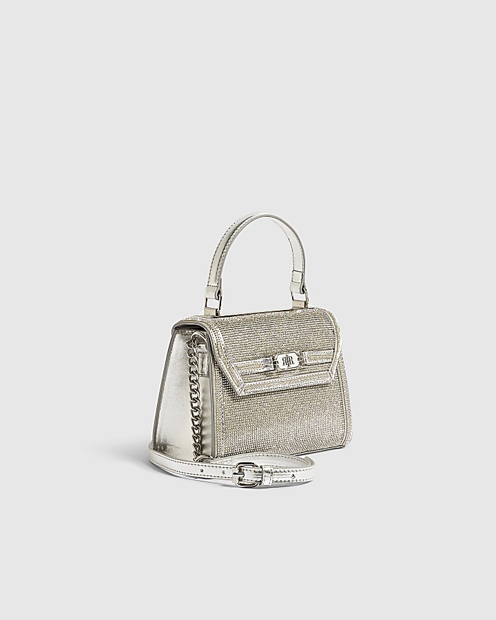 Silver Embellished Mini Tote Crossbody Bag
