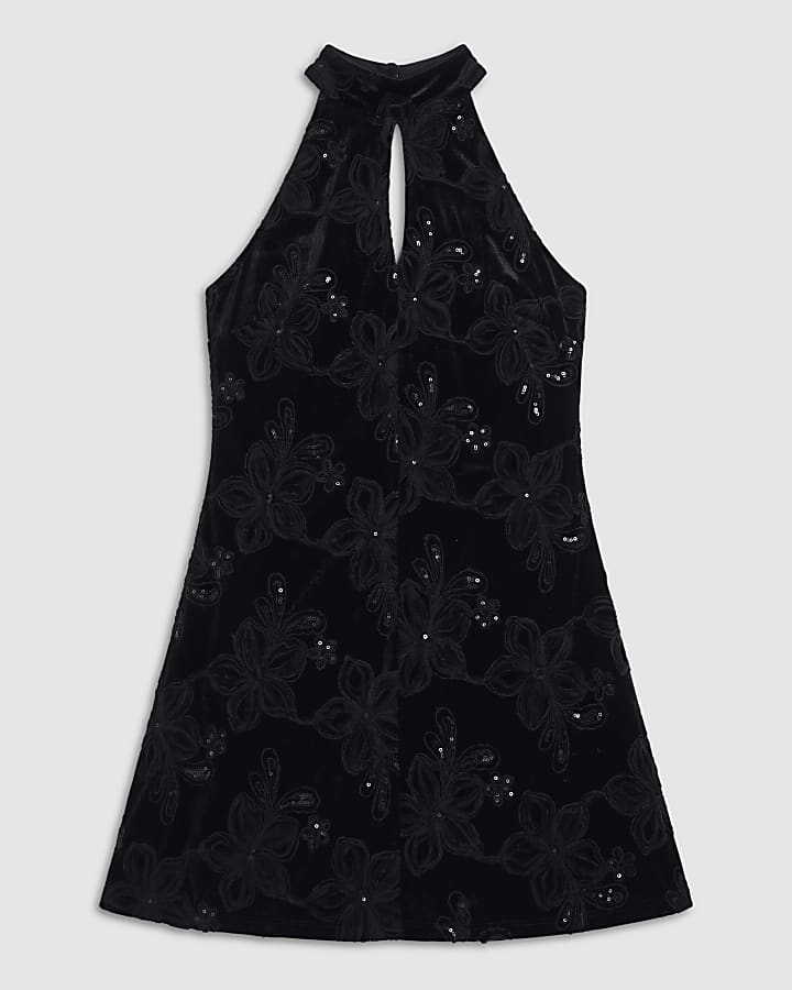 Black Sequin Velvet Bow Back Mini Dress