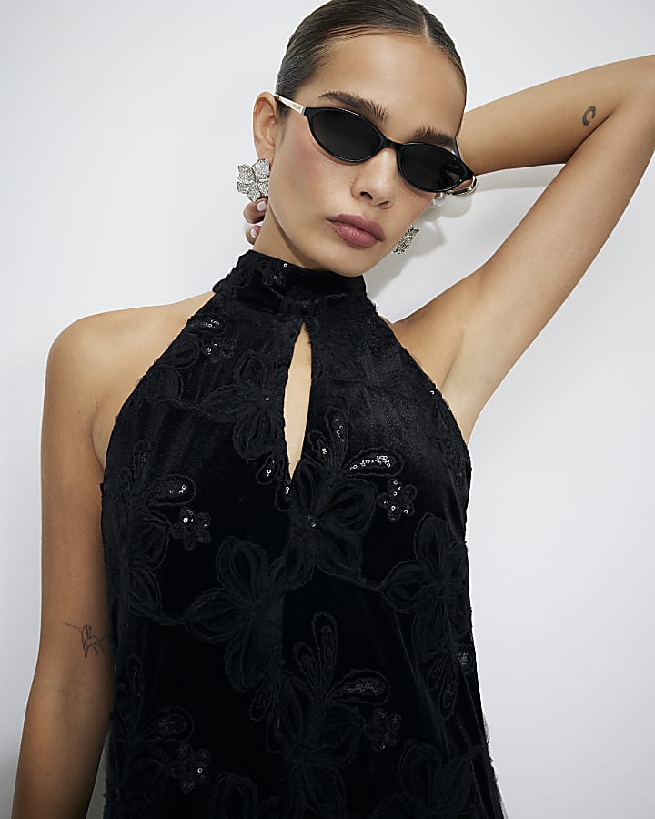 Black Sequin Velvet Bow Back Mini Dress