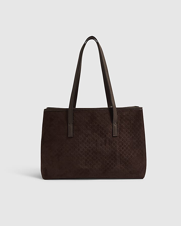 Brown Faux Suede Pocket Front Tote Bag