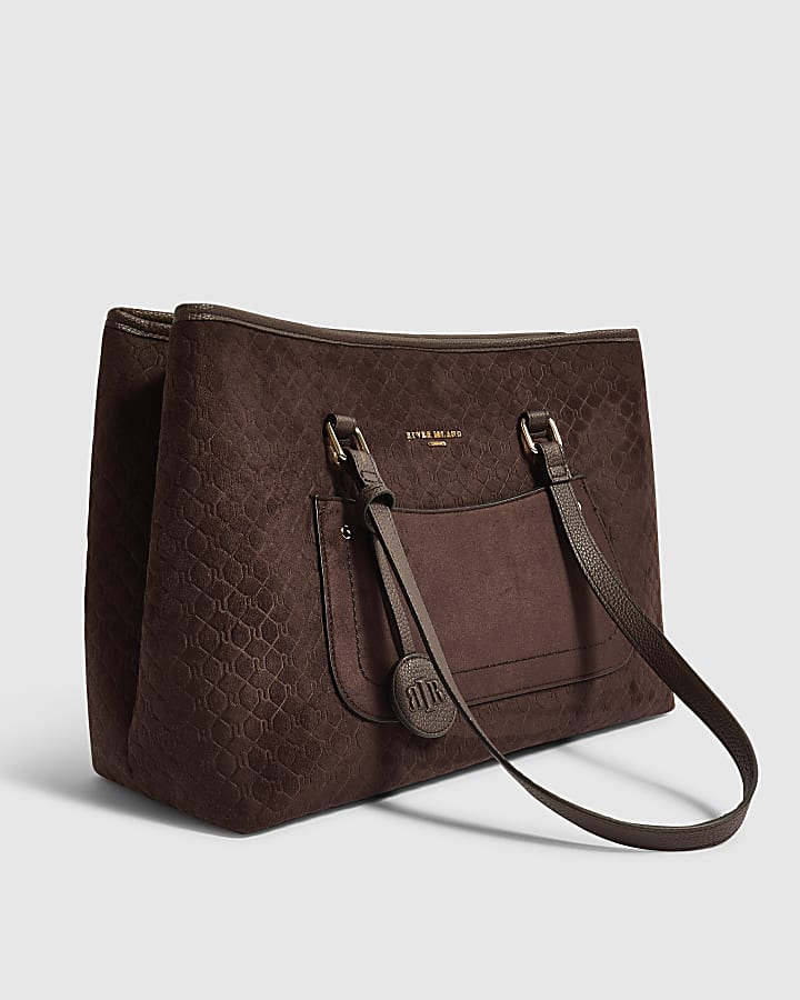 Brown Faux Suede Pocket Front Tote Bag