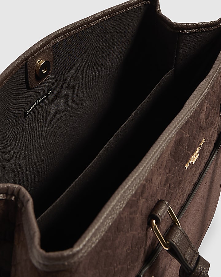 Brown Faux Suede Pocket Front Tote Bag