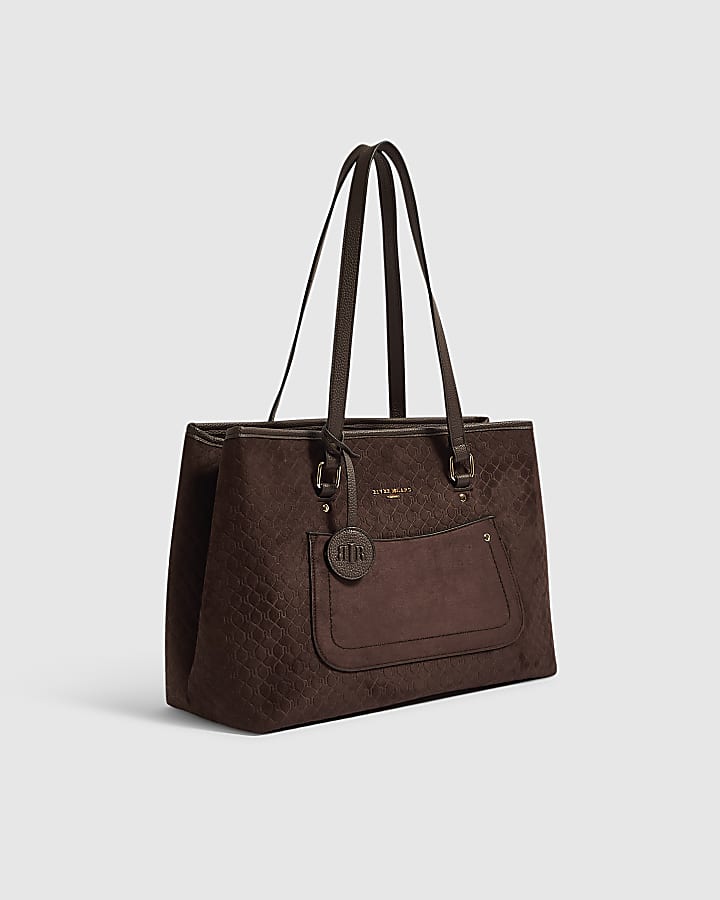 Brown Faux Suede Pocket Front Tote Bag