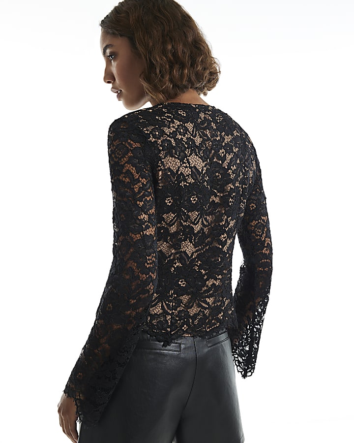Black Diamante Button Lace Top