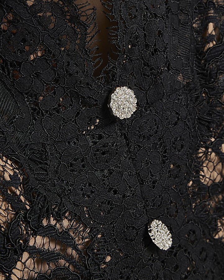 Black Diamante Button Lace Top