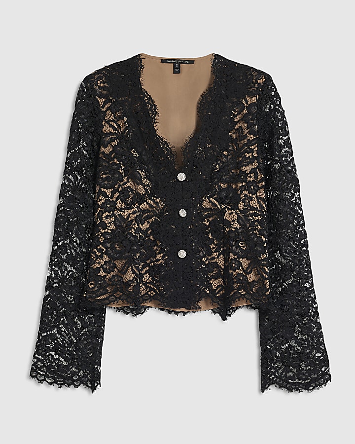 Black Diamante Button Lace Top