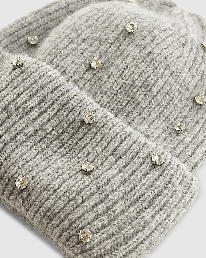 Grey Embellished Beanie