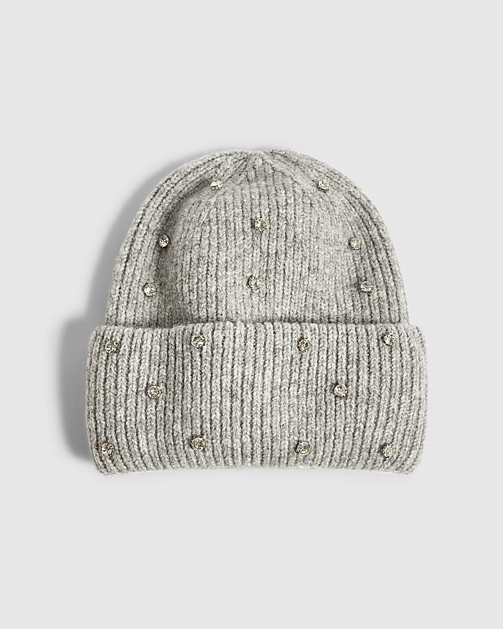 Grey Embellished Beanie