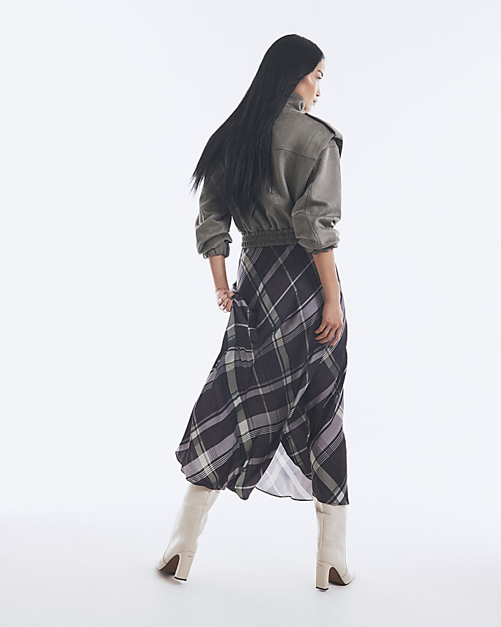 Purple Satin Check Print Midi Skirt