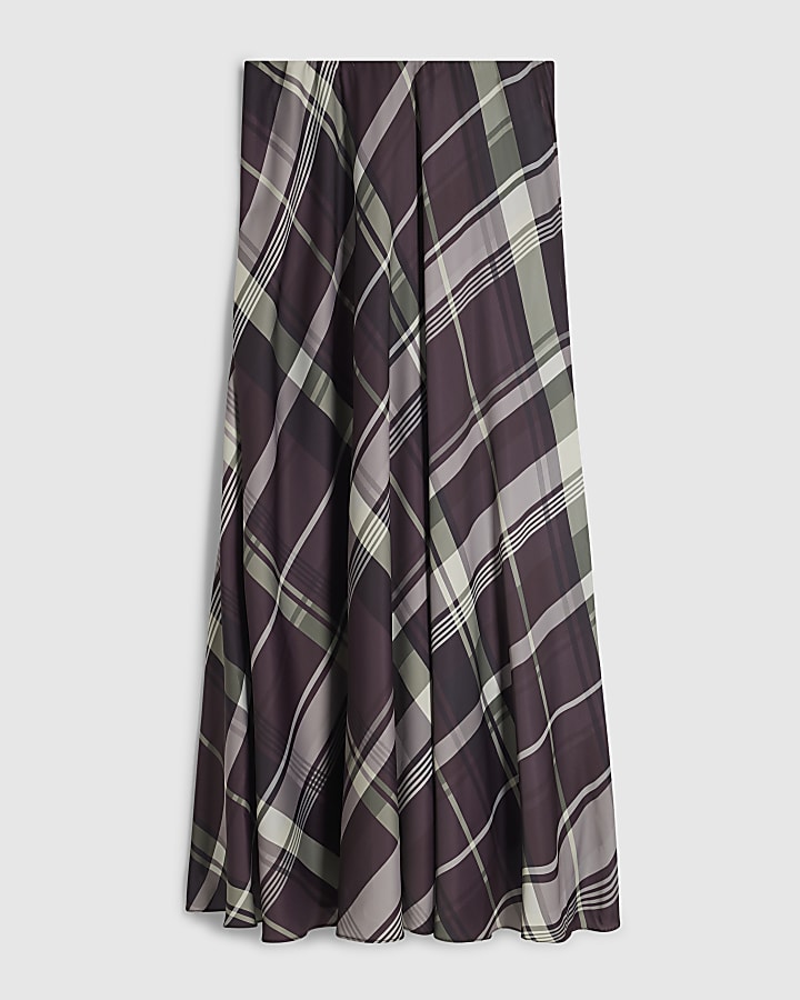 Purple Satin Check Print Midi Skirt