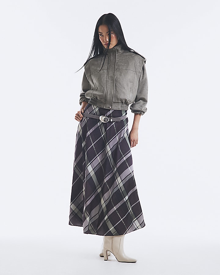 Purple Satin Check Print Midi Skirt