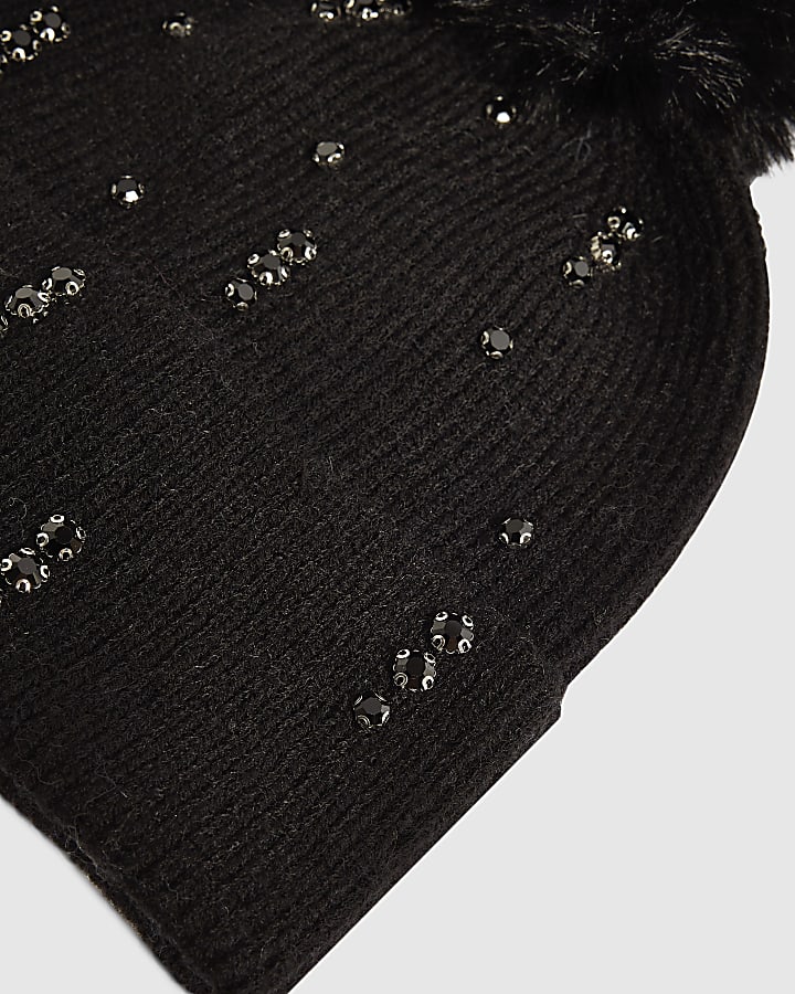 Black Knit Embellished Pom Beanie