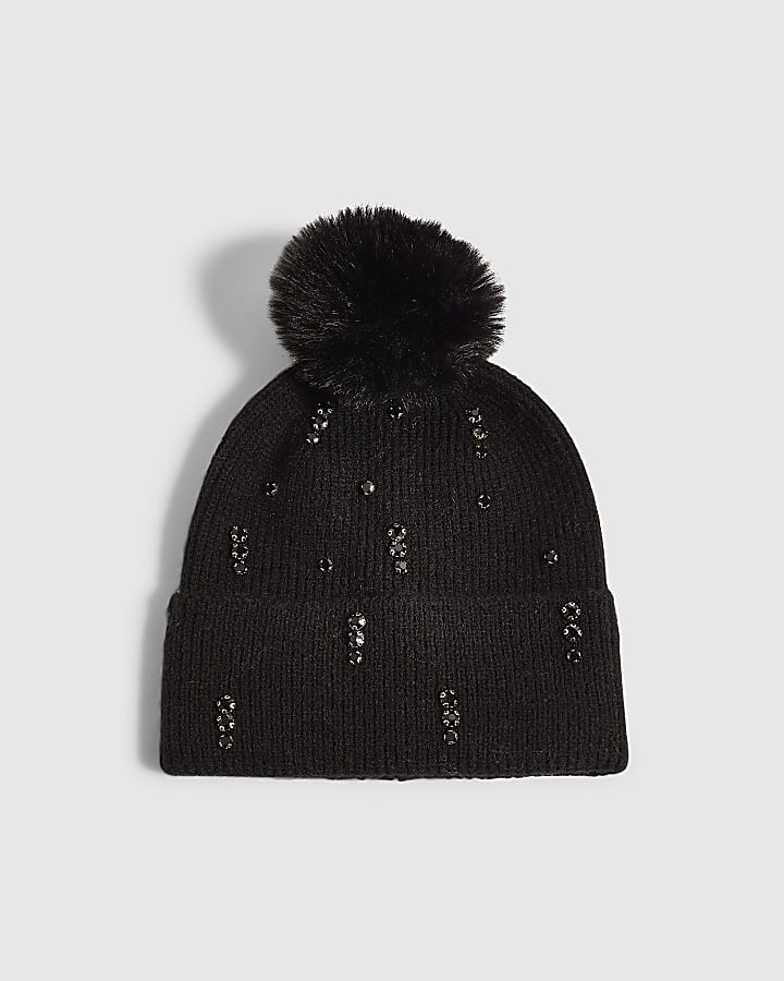 Black Knit Embellished Pom Beanie