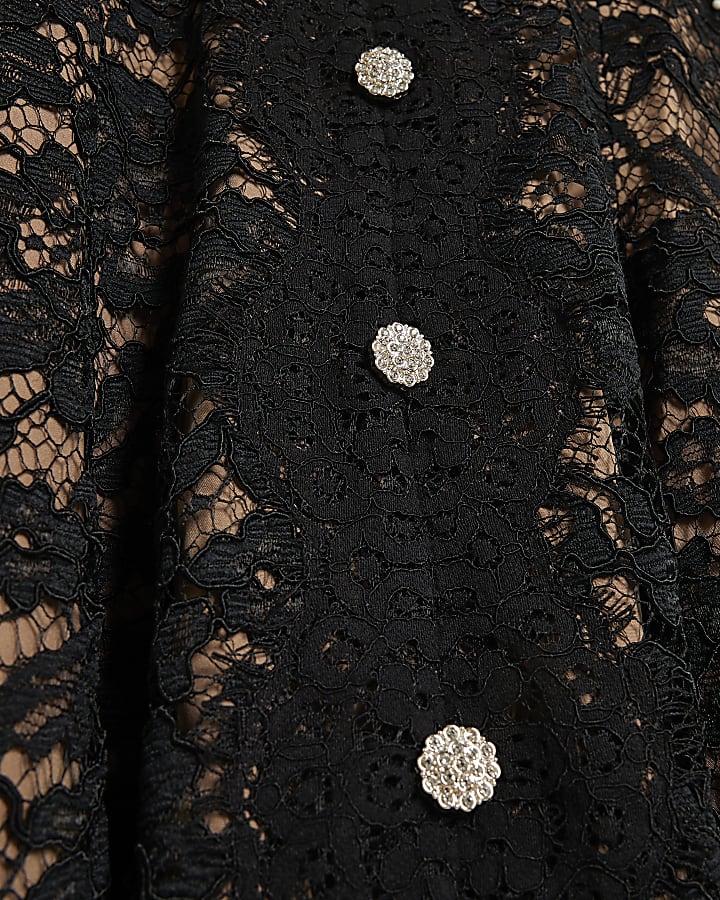 Black Lace Diamante Button Mini Dress