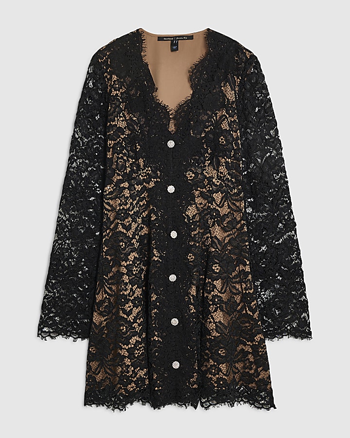 Black Lace Diamante Button Mini Dress