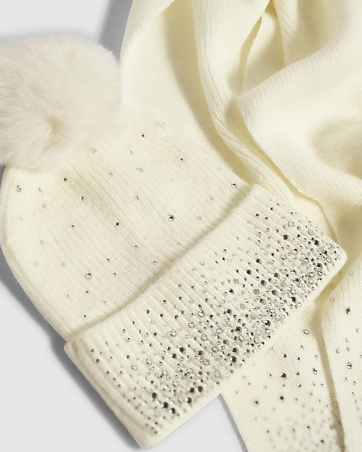 Cream Embellished Scarf Gift Set