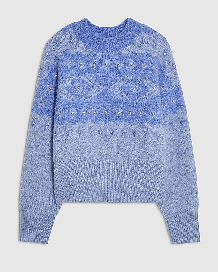 Blue Embellished Fair Isle Knit Jumper