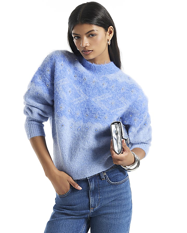 Blue Embellished Fair Isle Knit Jumper