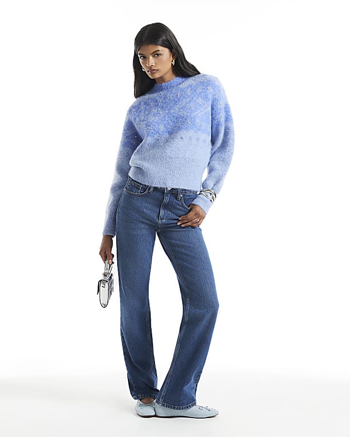 Blue Embellished Fair Isle Knit Jumper
