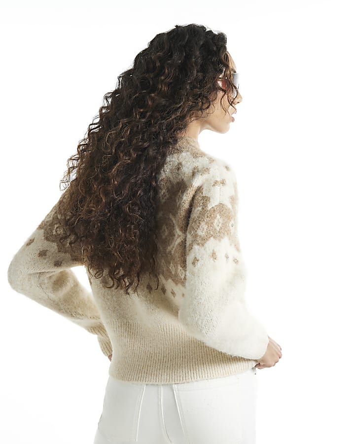 Beige Embellished Fair Isle Jumper
