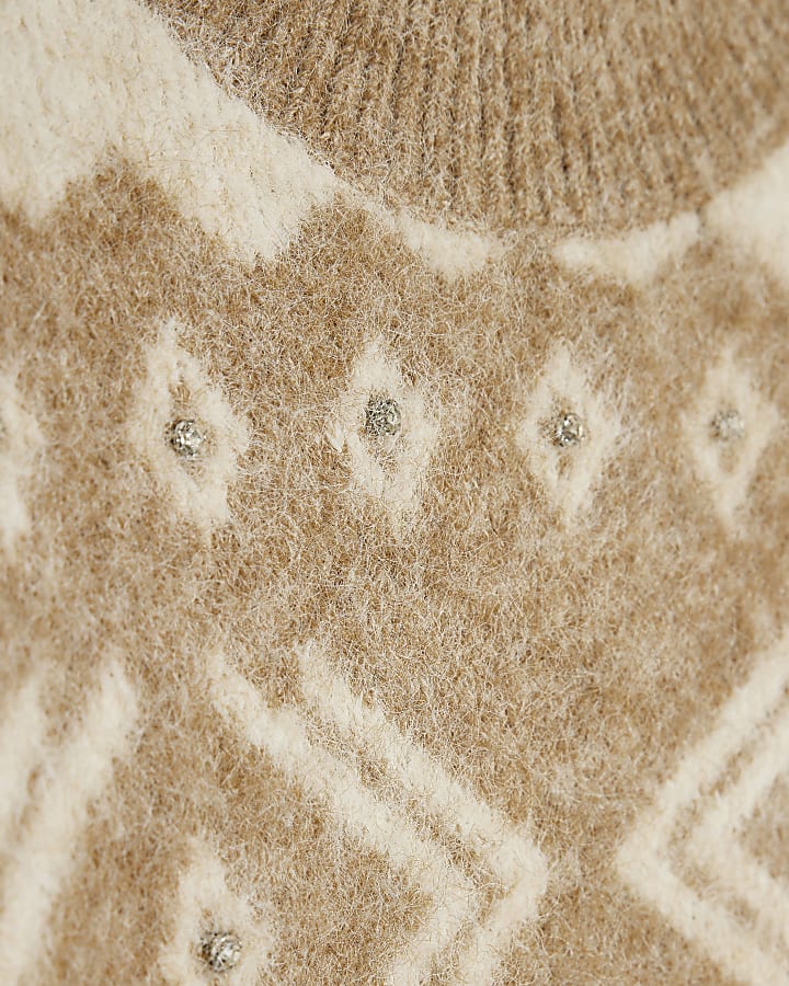 Beige Embellished Fair Isle Jumper