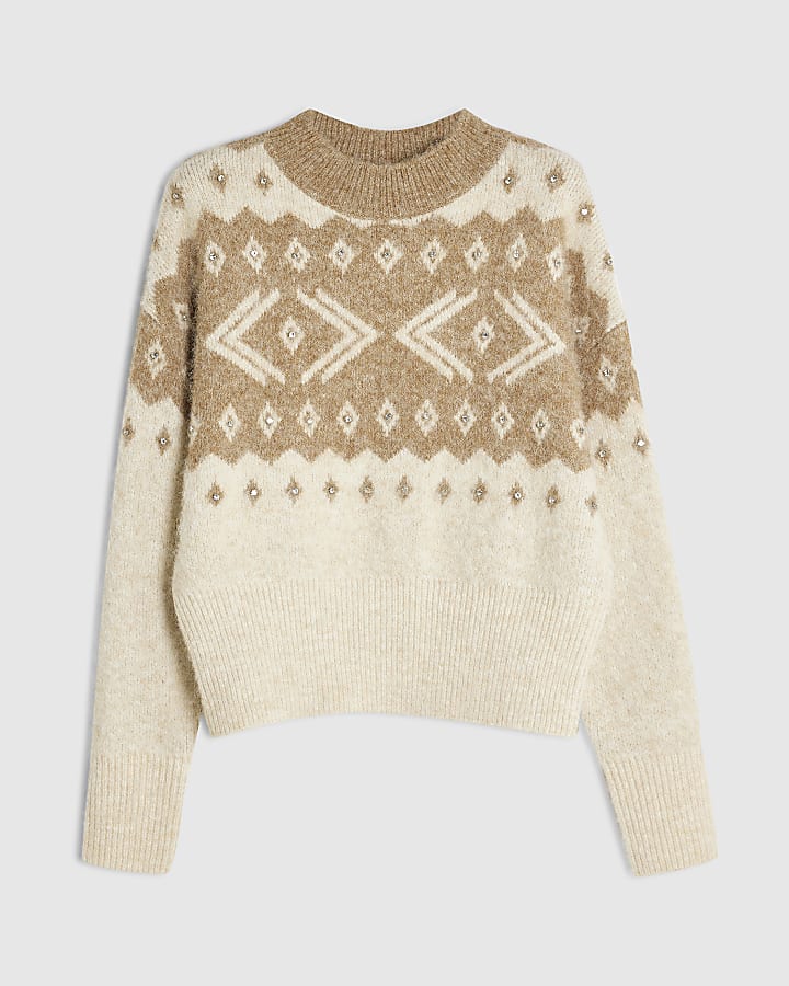 Beige Embellished Fair Isle Jumper