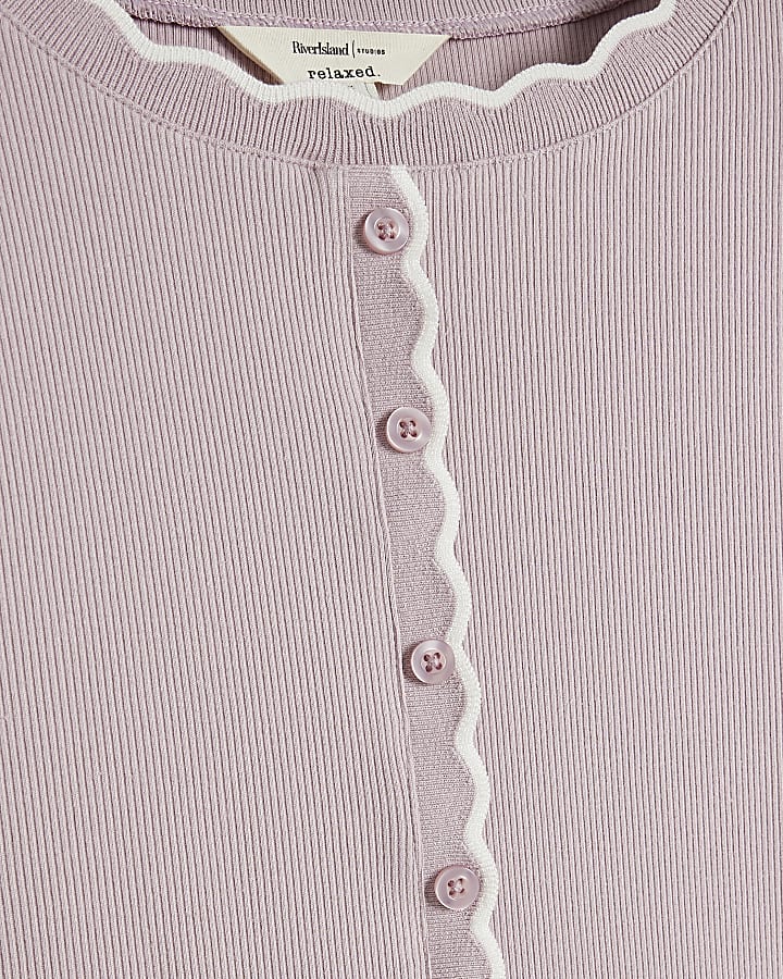 Pink Soft Scallop Trim Button Up Top