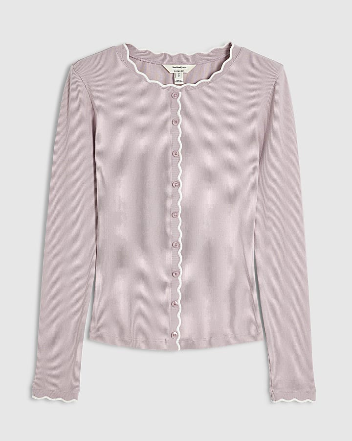 Pink Soft Scallop Trim Button Up Top