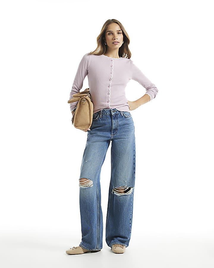 Pink Soft Scallop Trim Button Up Top