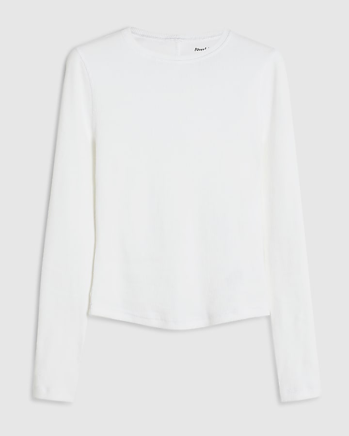 White Long Sleeve Rib Crew Neck Top
