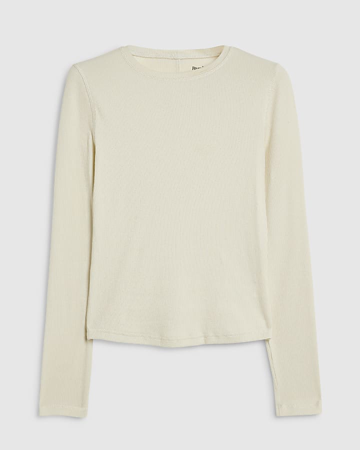 Cream Ribbed Crew Neck Top