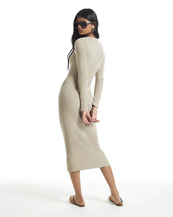 Cream Cotton Rib Long Sleeve Midi Dress
