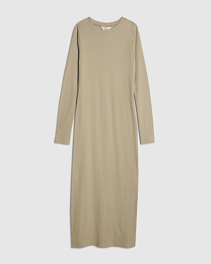 Cream Cotton Rib Long Sleeve Midi Dress