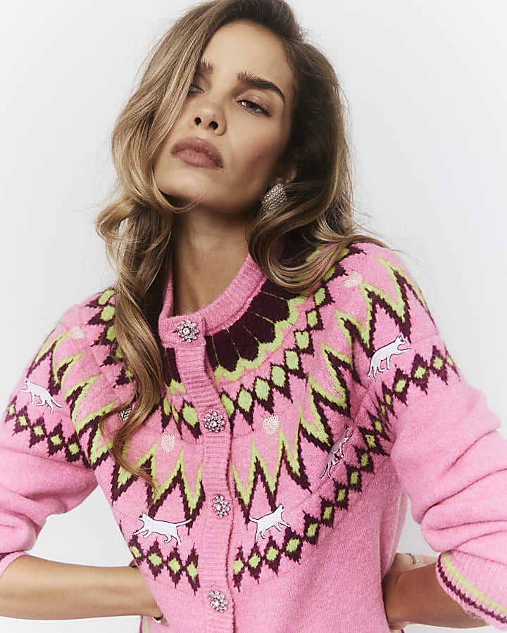 Pink Fair Isle Cat Cardigan