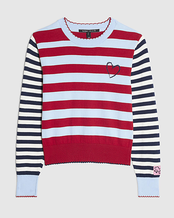 Navy Stripe Knit Long Sleeve Colour Block Top