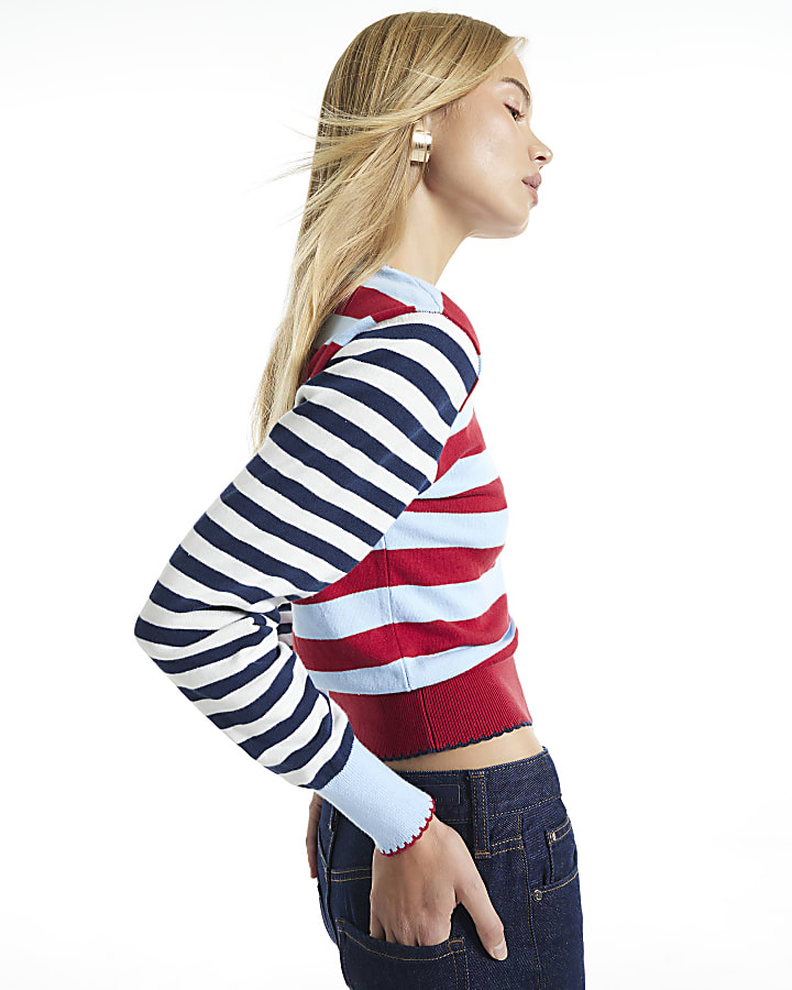 Navy Stripe Knit Long Sleeve Colour Block Top