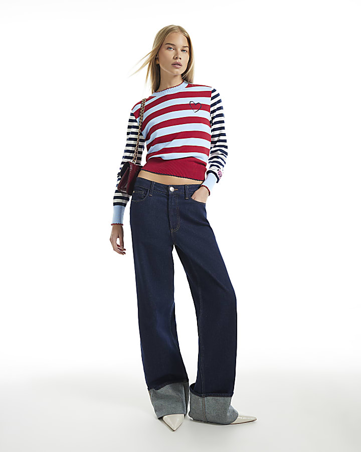 Navy Stripe Knit Long Sleeve Colour Block Top
