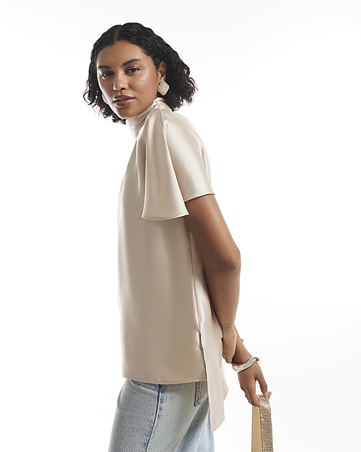 Cream Satin Shoulder Pad Top