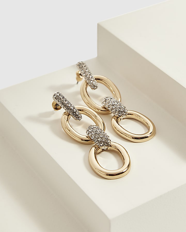Gold Triple Link Drop Earrings
