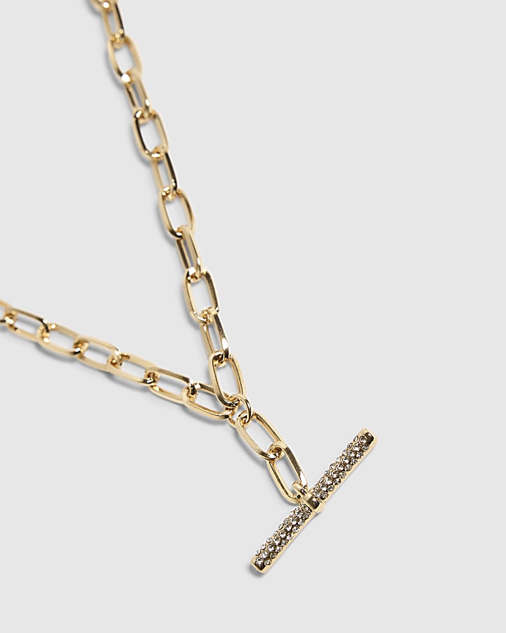 Gold Rhinestone T Bar Necklace