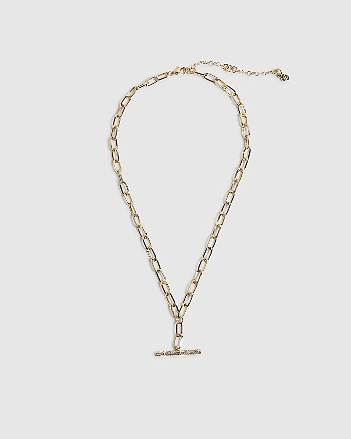 Gold Rhinestone T Bar Necklace