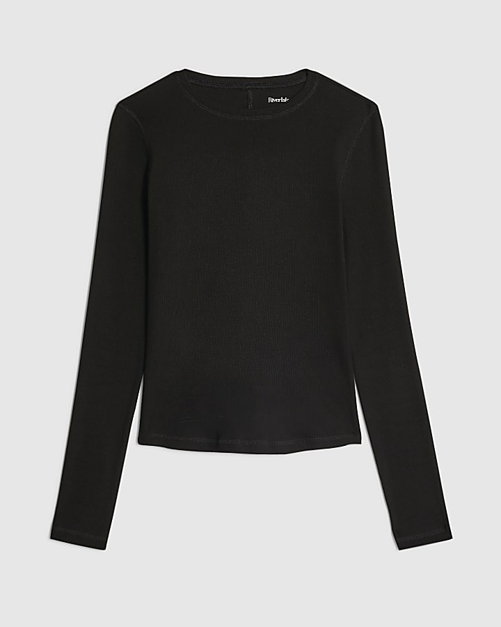 Black Crew Neck Rib Long Sleeve Top
