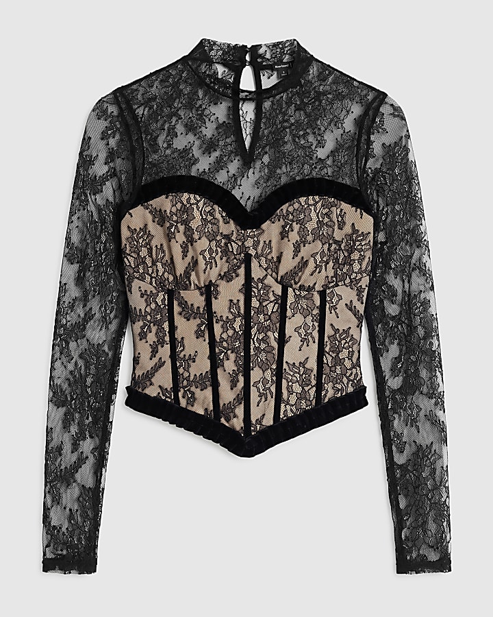 Black Lace Long Sleeve Corset Top