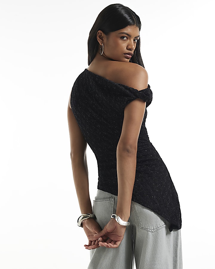 Black Metallic Drape Asymmetric Top