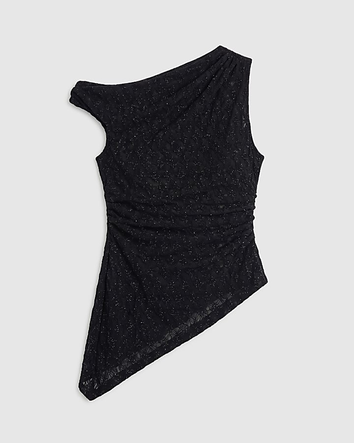Black Metallic Drape Asymmetric Top