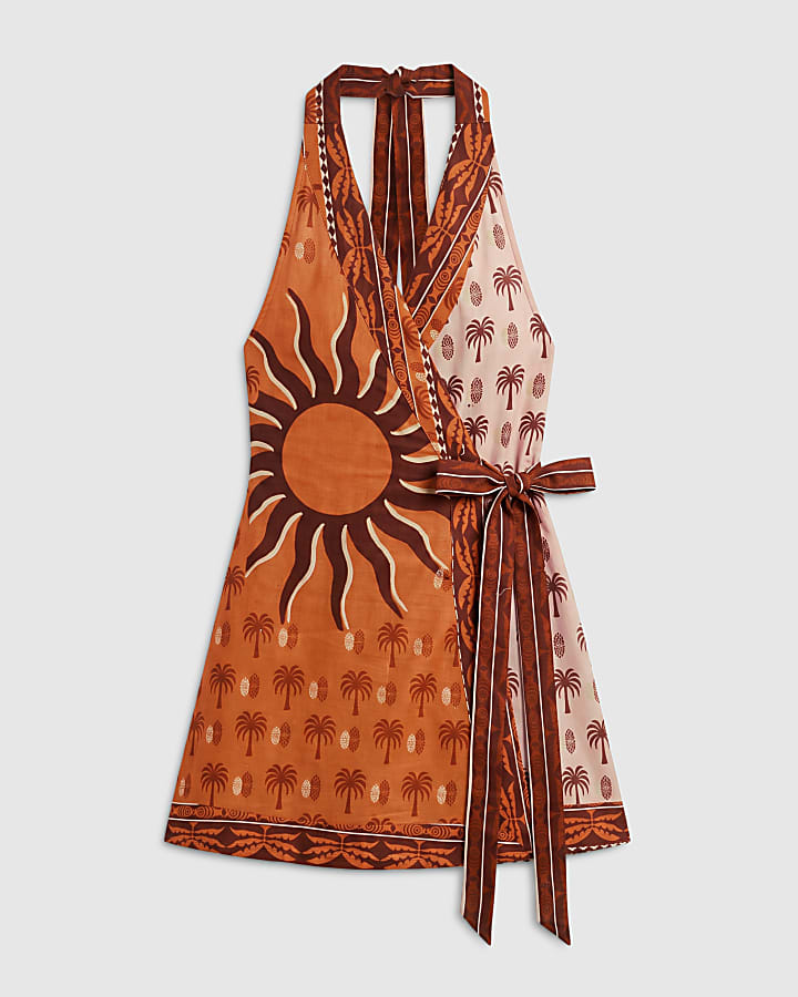 Orange Sun Print Wrap Playsuit