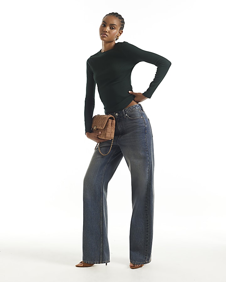 Green Long Sleeve Cotton Blend Ribbed Top
