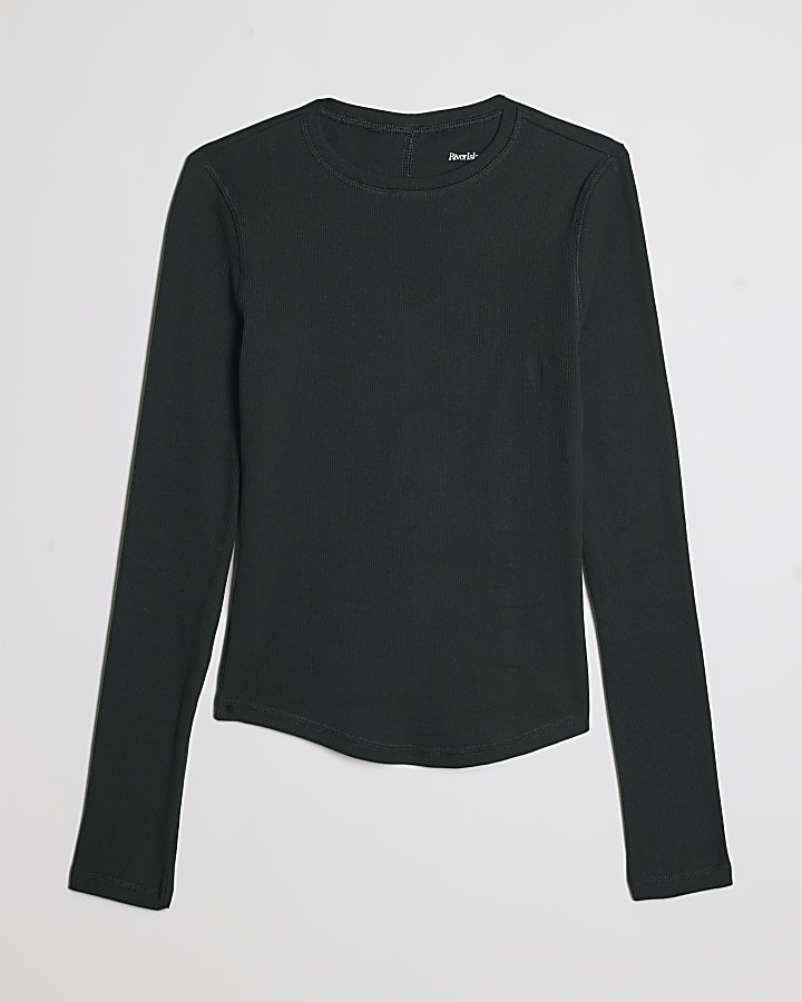 Green Long Sleeve Cotton Blend Ribbed Top