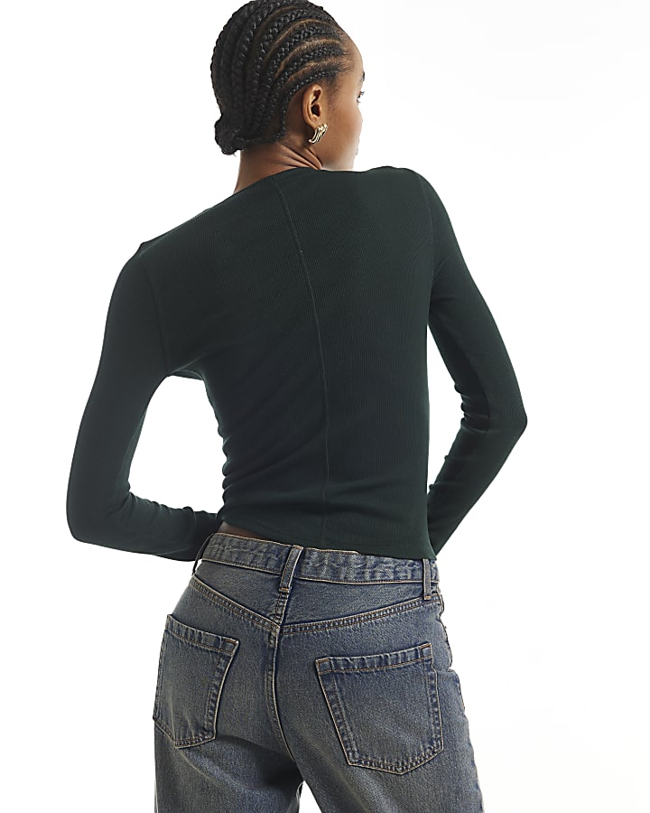 Green Long Sleeve Cotton Blend Ribbed Top
